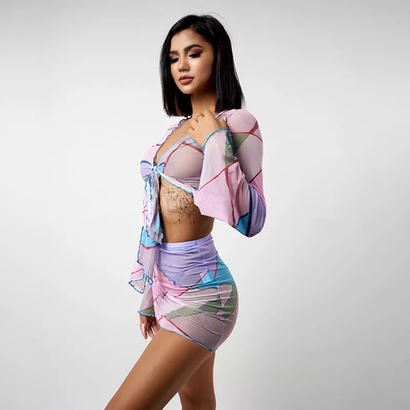 Pink Sands Asymmetrical Pipping Bodycon Skirt Set Beach Bikini Coverup Mini Set - Picture 4 of 14